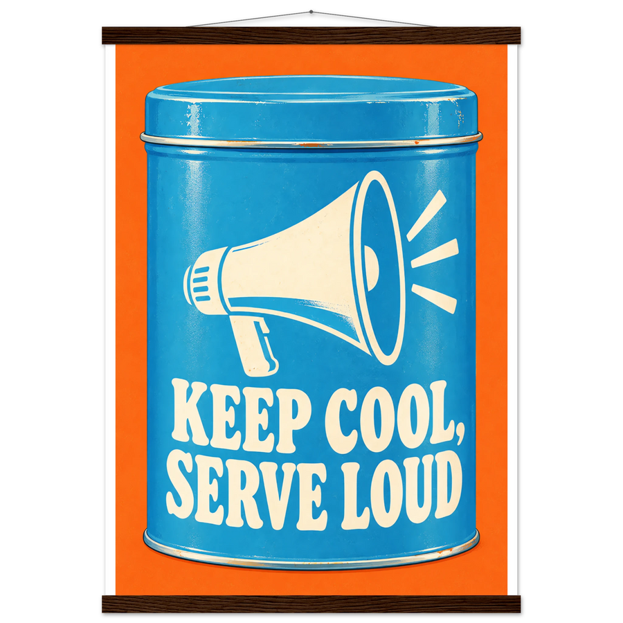 KEEP COOL, SERVE LOUD, magnetic hanger, dark wood wall hanger