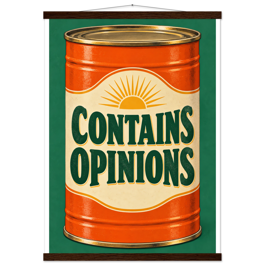 CONTAINS OPINIONS, magnetic hanger, dark wood wall hanger