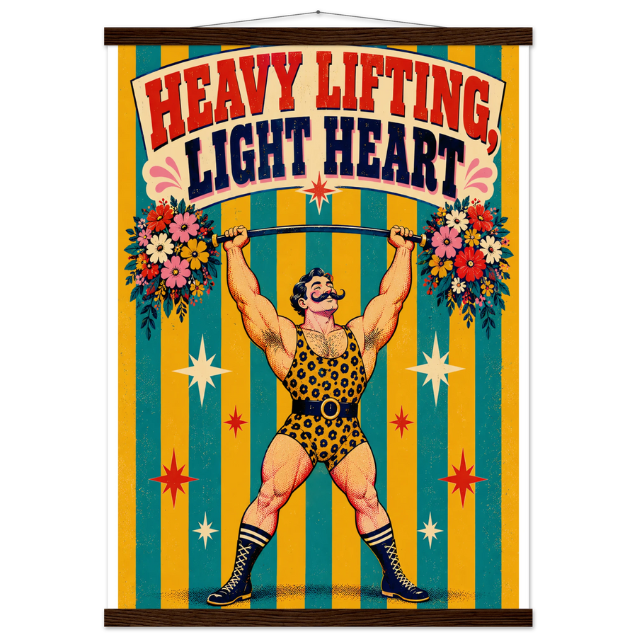 HEAVY LIFTING, LIGHT HEART, magnetic hanger, dark wood wall hanger