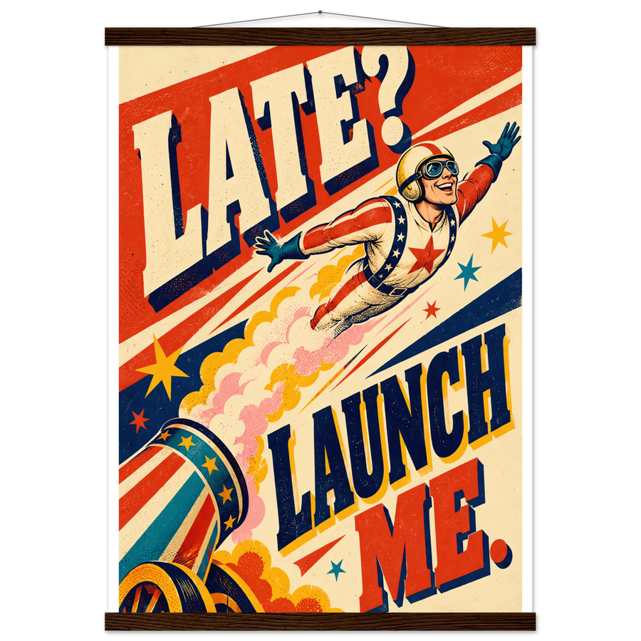 LATE? LAUNCH ME., magnetic hanger, dark wood wall hanger