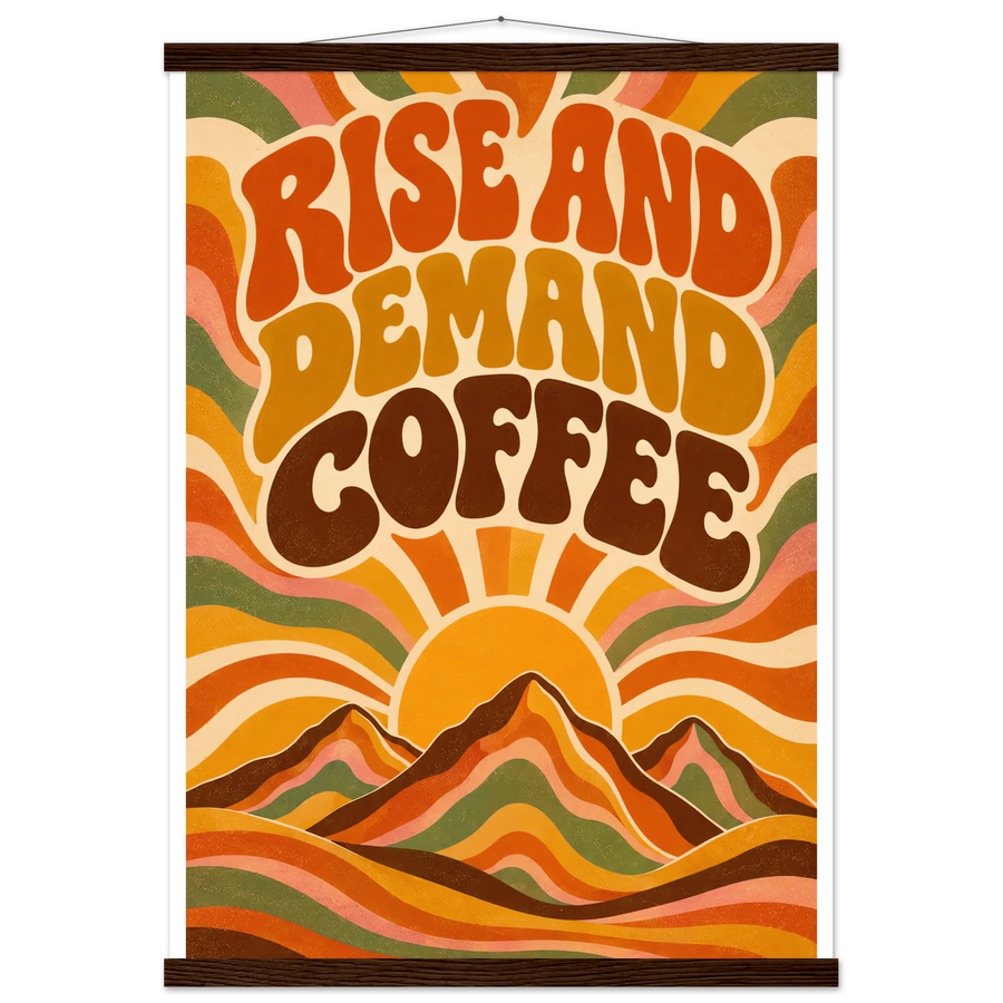 RISE AND DEMAND COFFEE, magnetic hanger, dark wood wall hanger