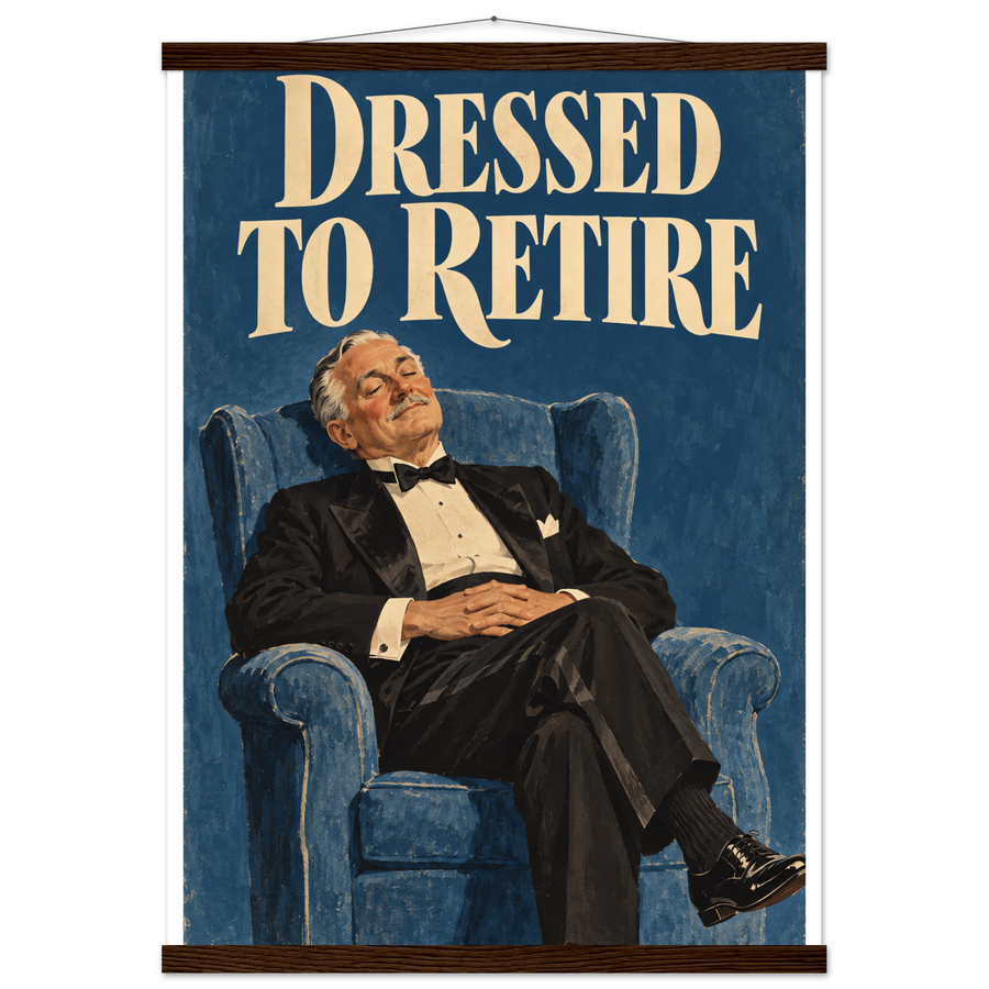DRESSED TO RETIRE, magnetic hanger, dark wood wall hanger