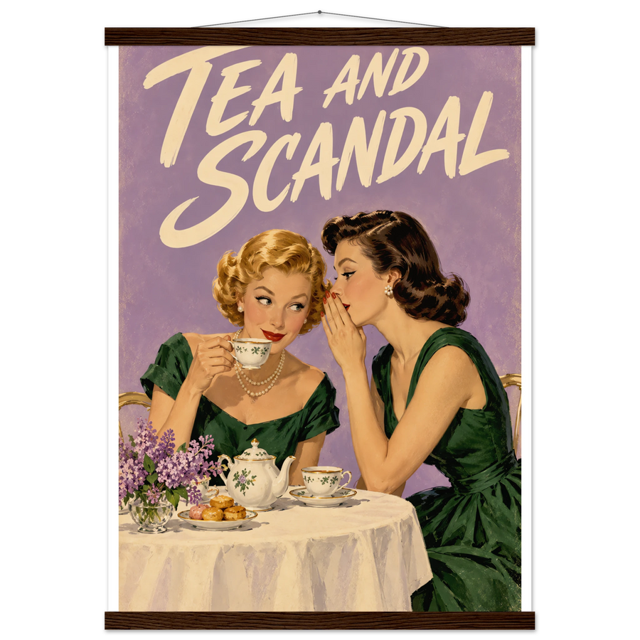 TEA AND SCANDAL, magnetic hanger, dark wood wall hanger