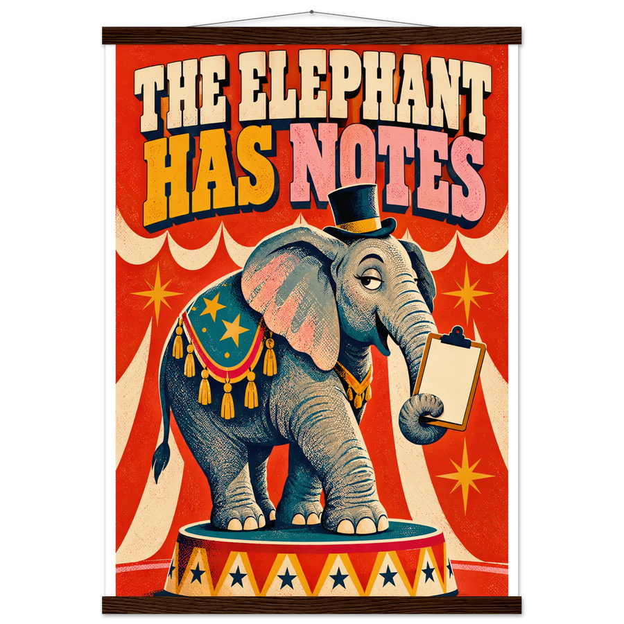 THE ELEPHANT HAS NOTES, magnetic hanger, dark wood wall hanger