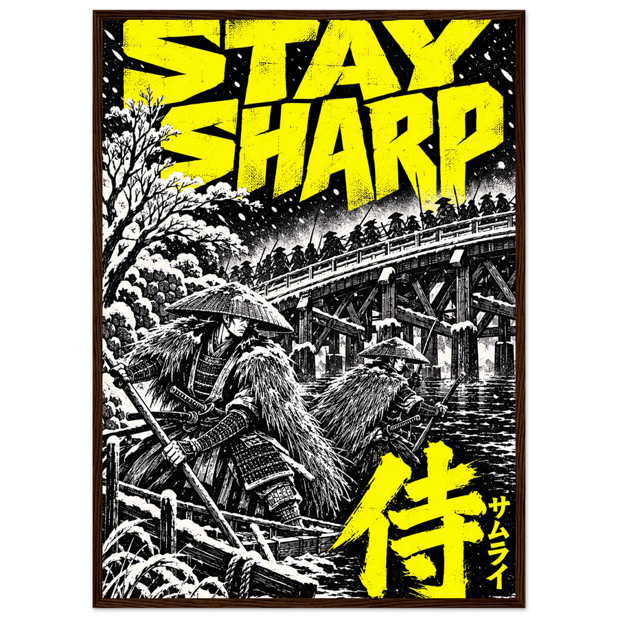 STAY SHARP, wooden frame, dark wood frame