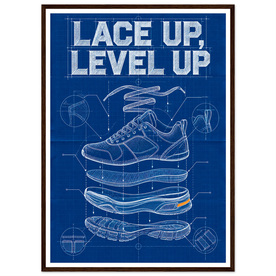LACE UP, LEVEL UP, wooden frame, dark wood frame