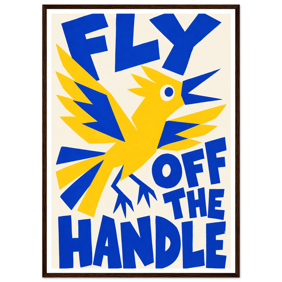 FLY OFF THE HANDLE, wooden frame, dark wood frame