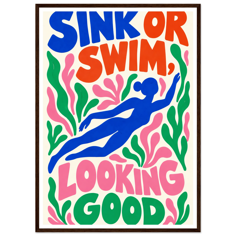 SINK OR SWIM, LOOKING GOOD, wooden frame, dark wood frame
