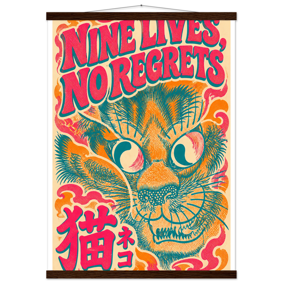 NINE LIVES, NO REGRETS, magnetic hanger, dark wood wall hanger