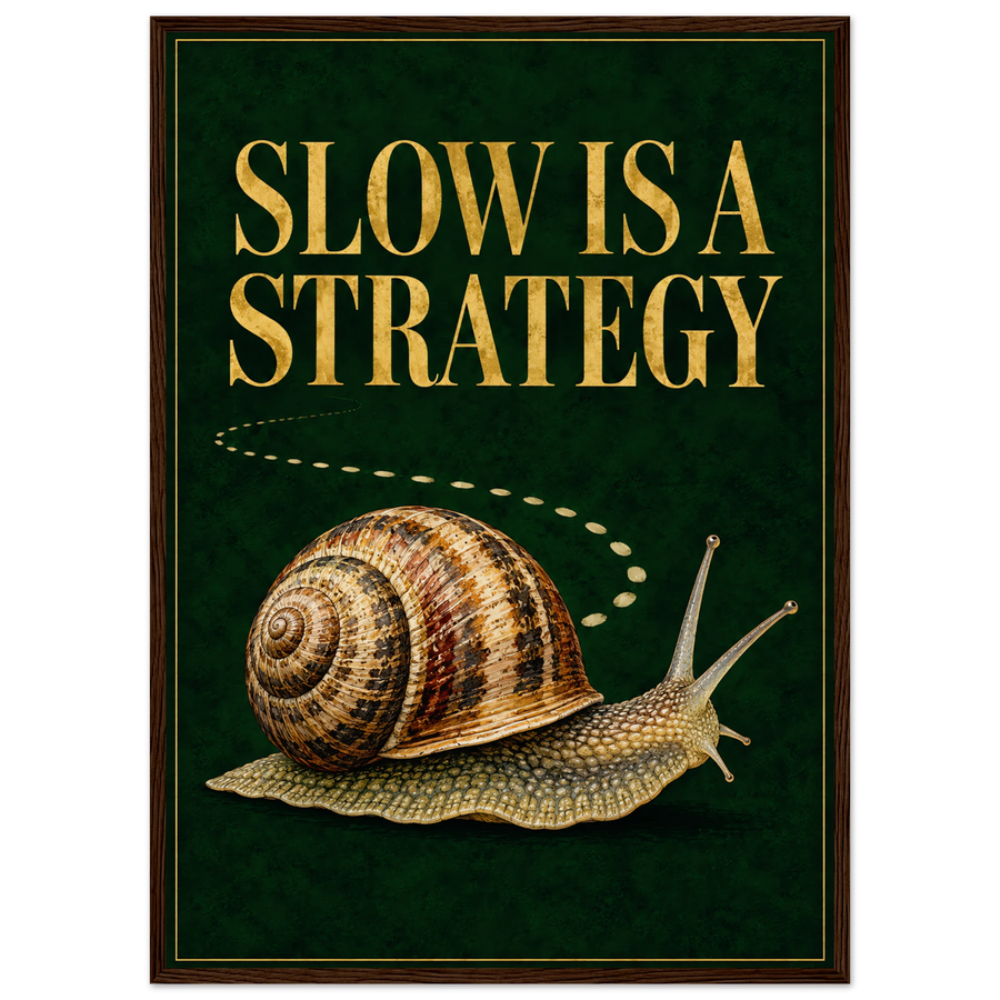 SLOW IS A STRATEGY, wooden frame, dark wood frame