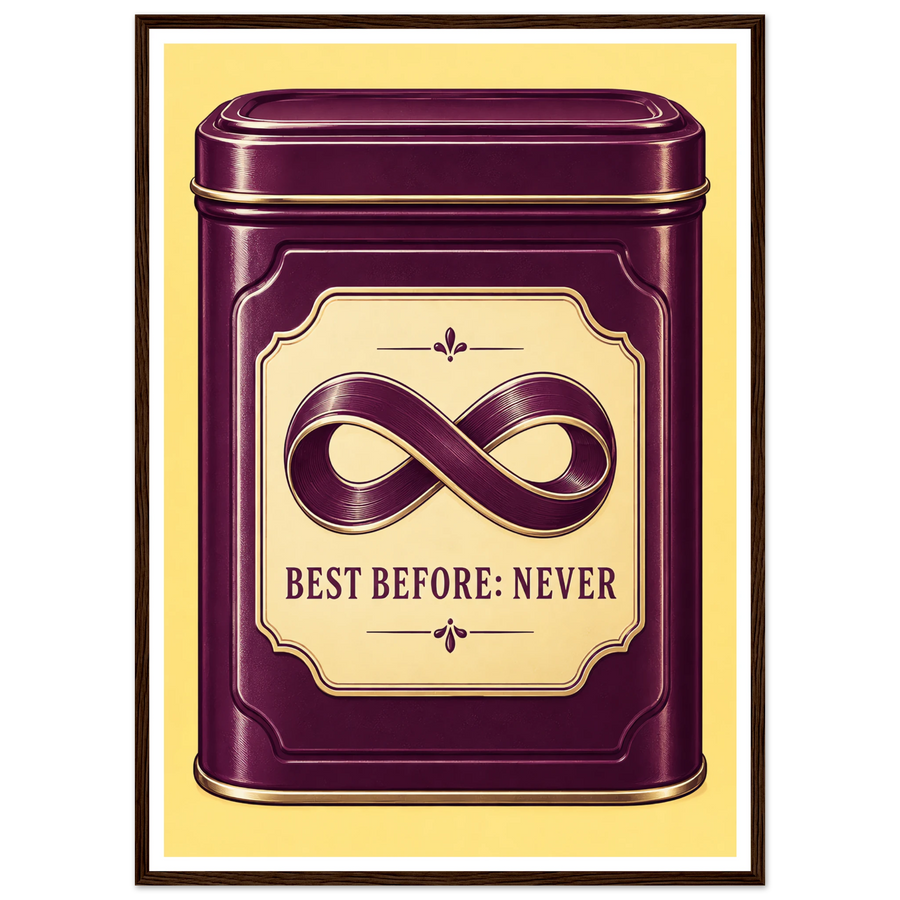 BEST BEFORE: NEVER, wooden frame, dark wood frame