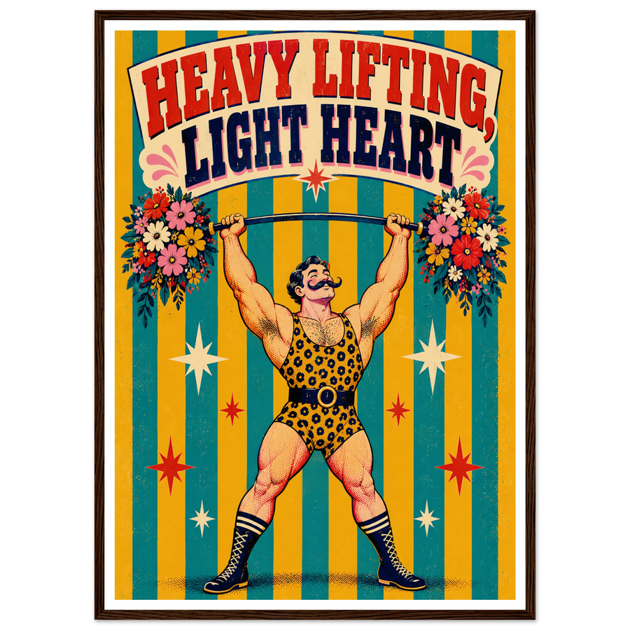 HEAVY LIFTING, LIGHT HEART, wooden frame, dark wood frame