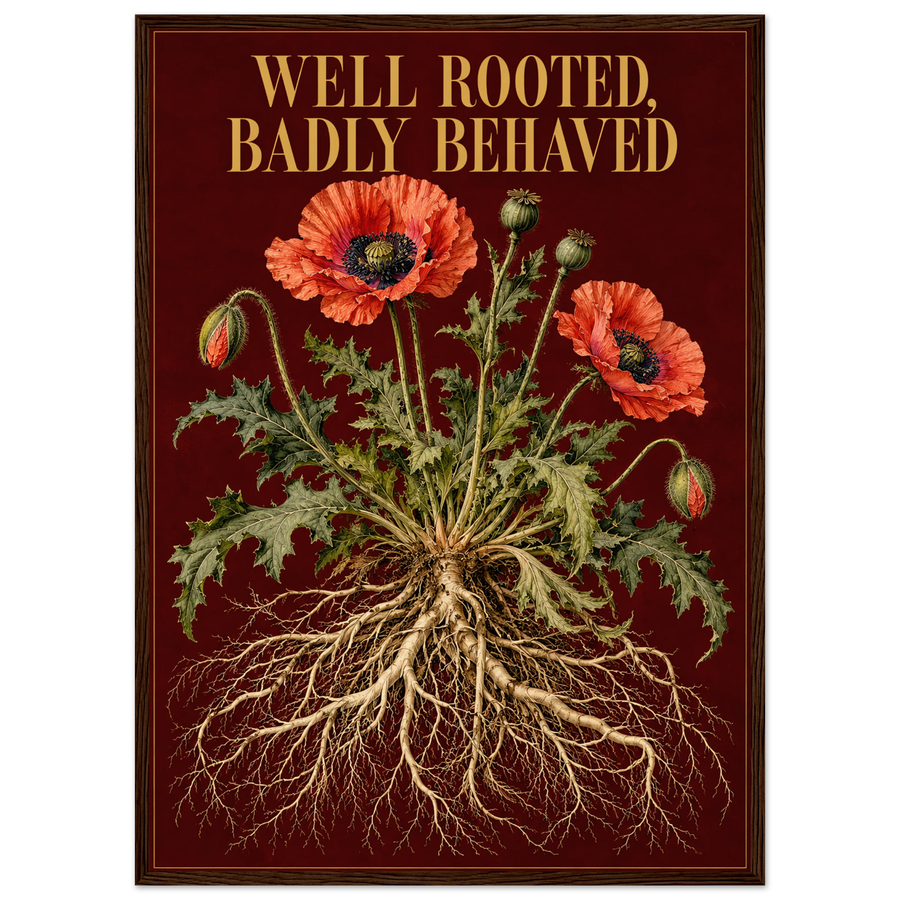 WELL ROOTED, BADLY BEHAVED, wooden frame, dark wood frame