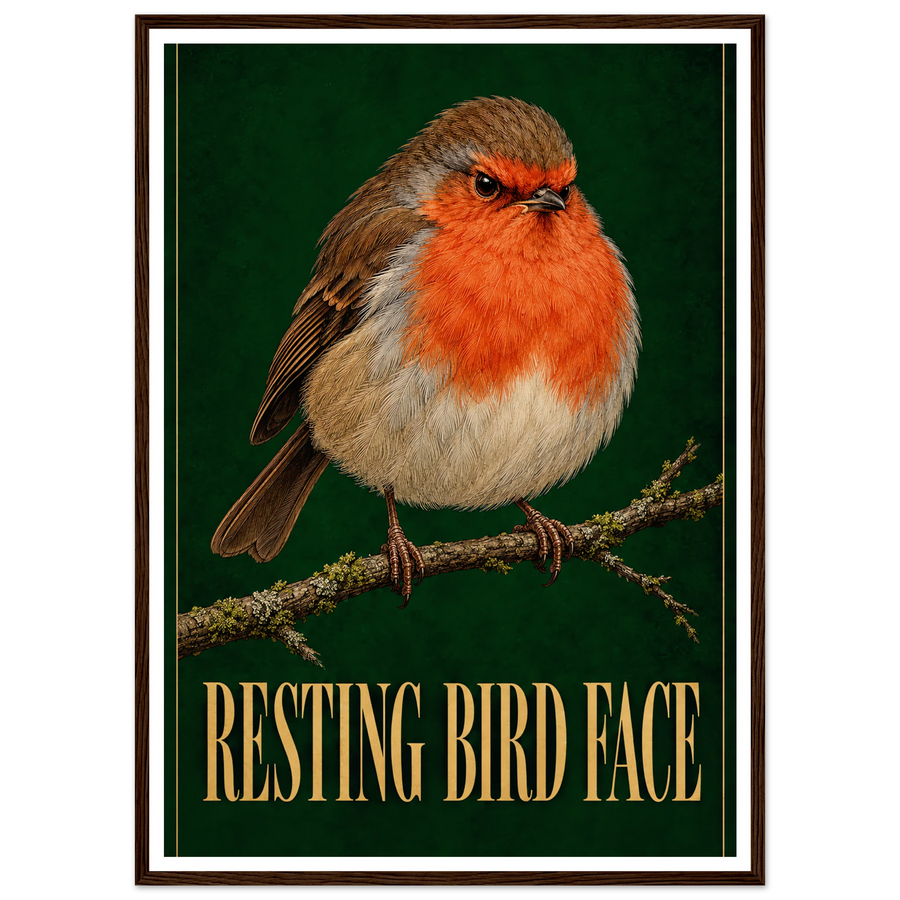 RESTING BIRD FACE, wooden frame, dark wood frame