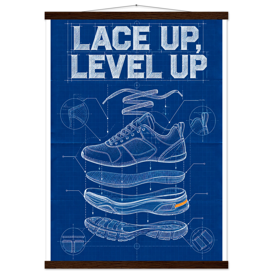 LACE UP, LEVEL UP, magnetic hanger, dark wood wall hanger
