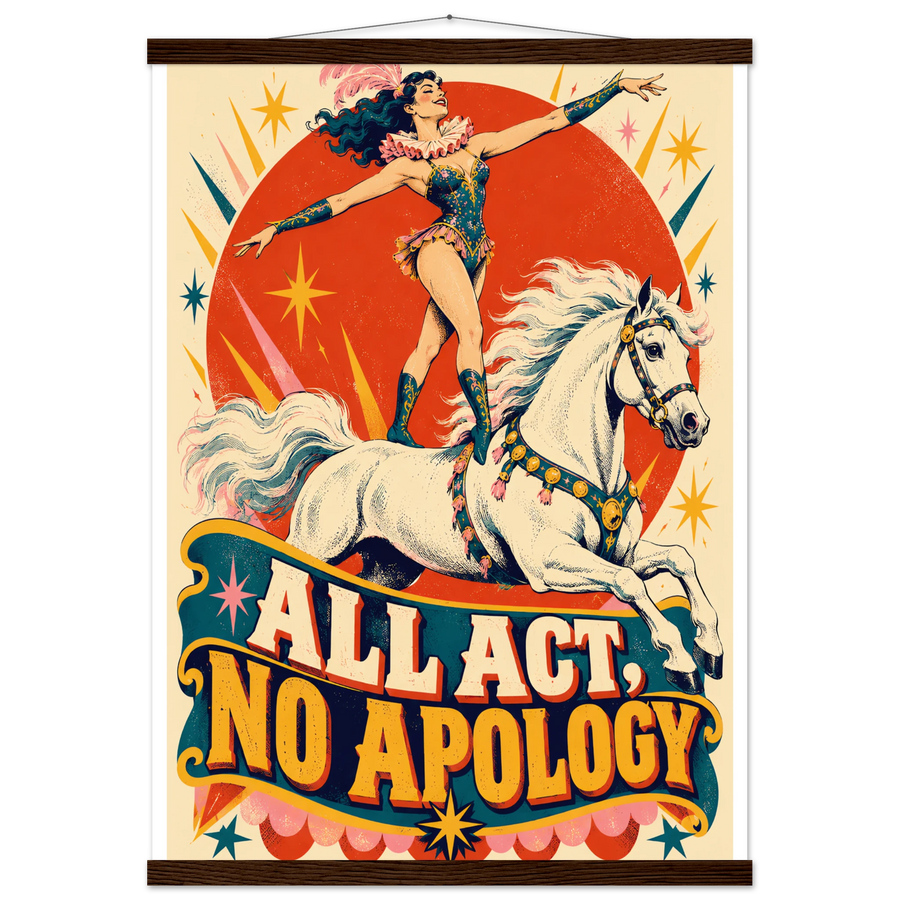 ALL ACT, NO APOLOGY, magnetic hanger, dark wood wall hanger