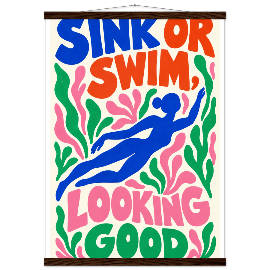 SINK OR SWIM, LOOKING GOOD, magnetic hanger, dark wood wall hanger