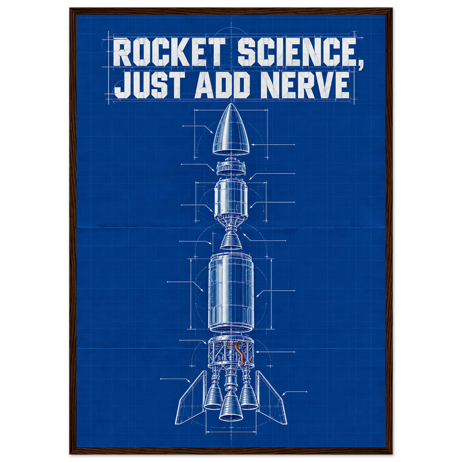 ROCKET SCIENCE, JUST ADD NERVE, wooden frame, dark wood frame